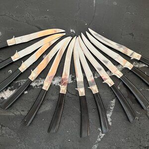 (12) E Parker and Sons Serrated Steak Knives Sheffield England Stainless Steel